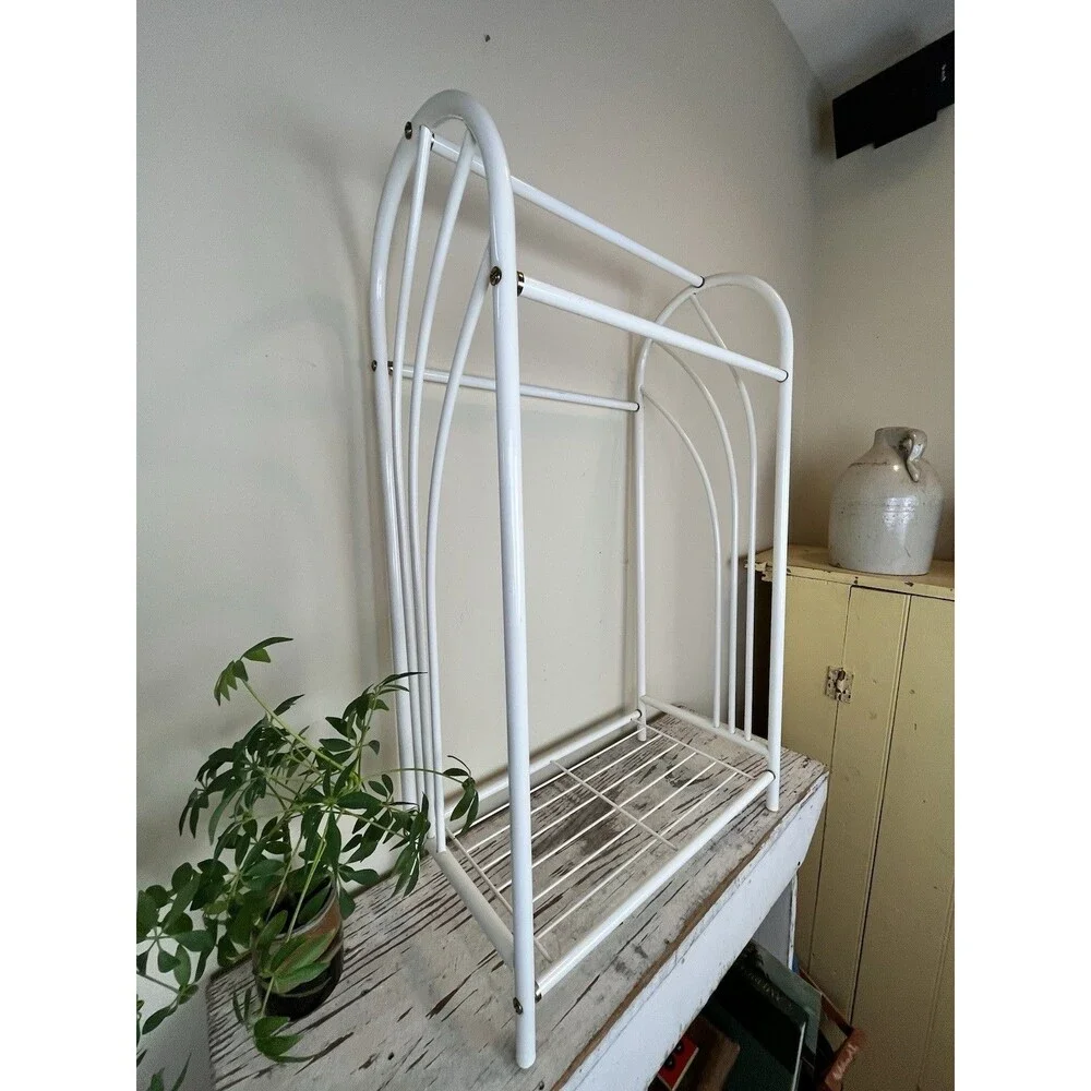 Vintage MCM White Metal Towel Caddy Rack Stand Free Standing Bathroom Retro MINT